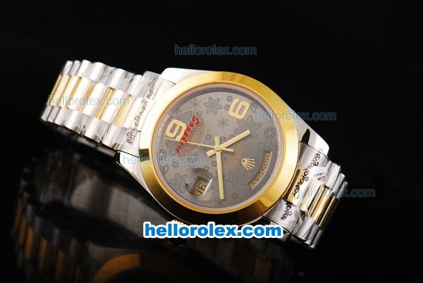 Rolex Day-Date II Oyster Perpetual Automatic Movement Two Tone with Gold Bezel and Flower Pattern Grey Dial - Click Image to Close
